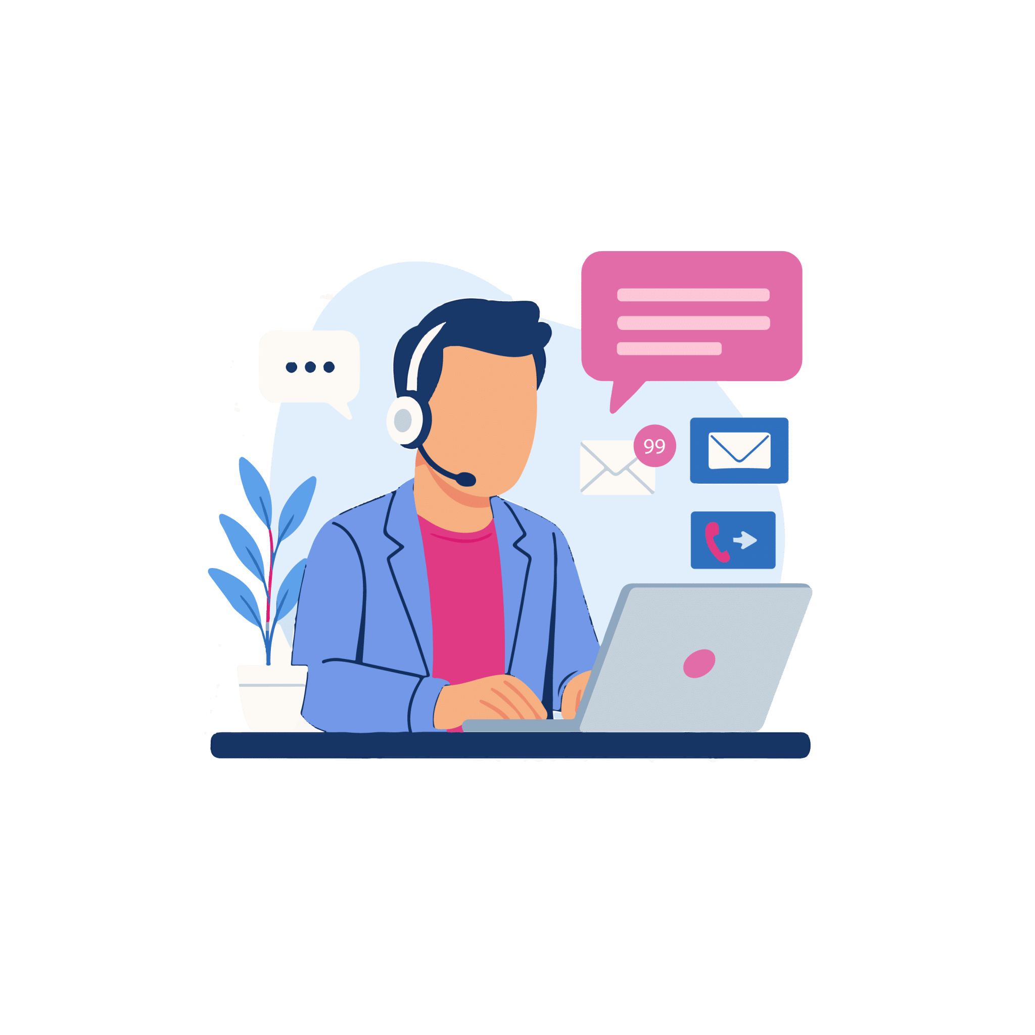 Un agent de support répond aux clients via chat, e-mails et appels.