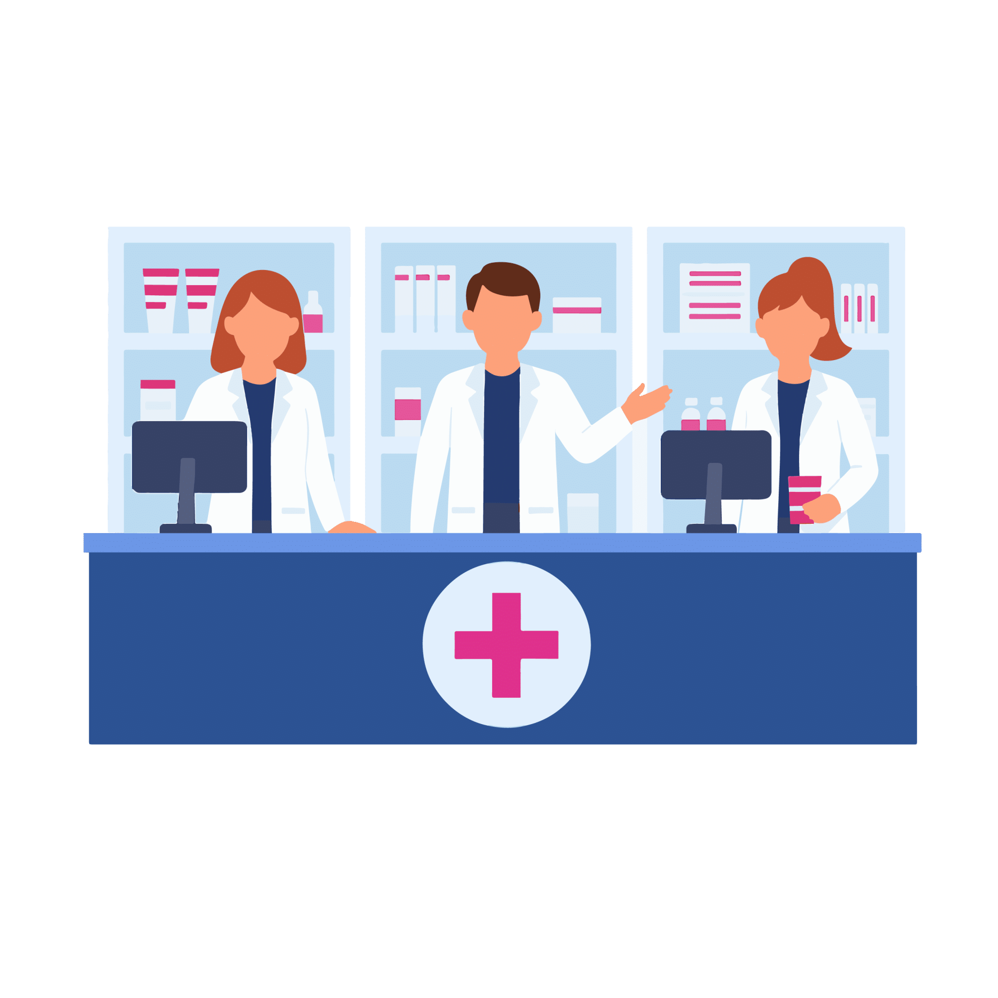 Des pharmaciens accueillent et conseillent les clients depuis le comptoir d’une pharmacie.