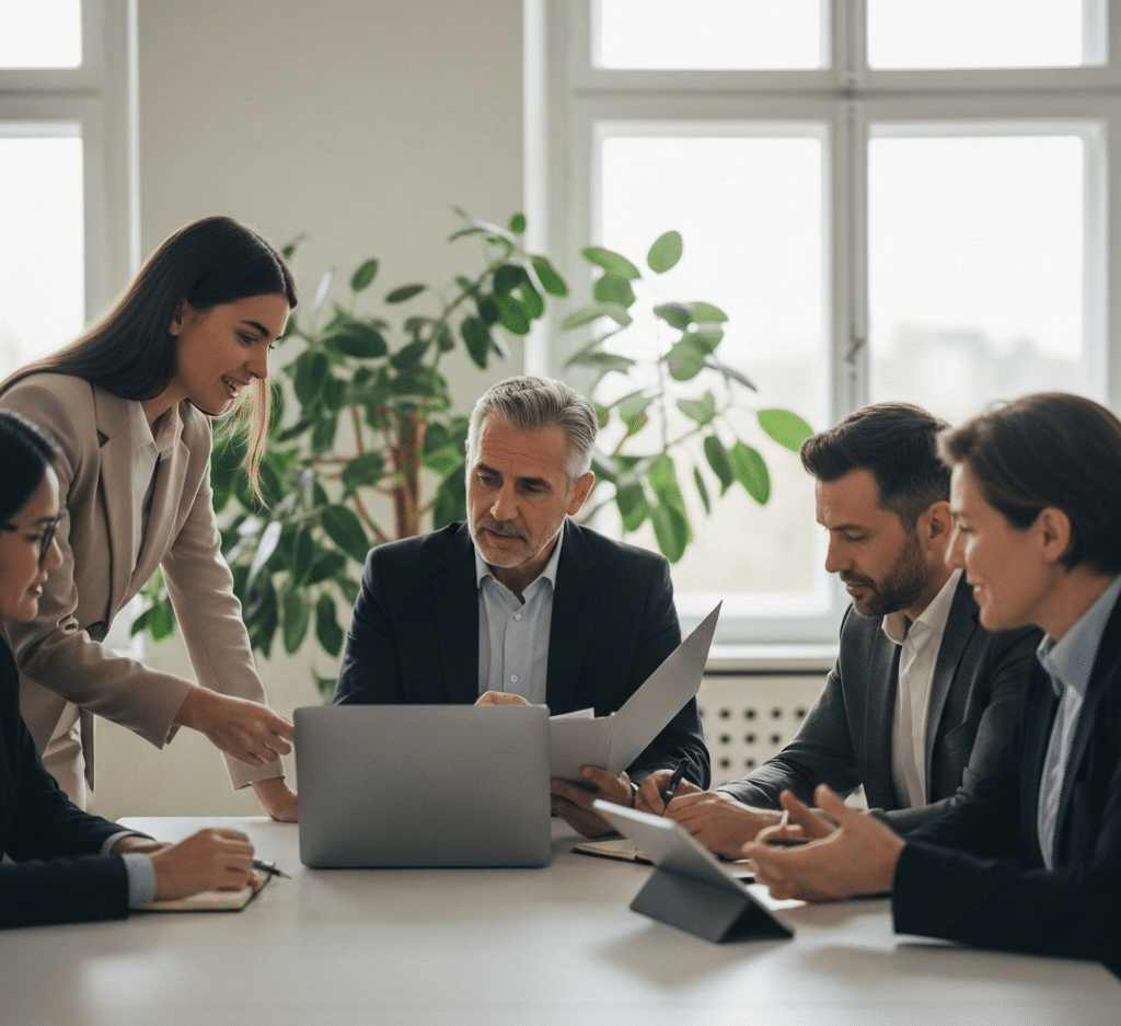 Réunion d’équipe en management intergénérationnel autour d’un ordinateur portable au bureau